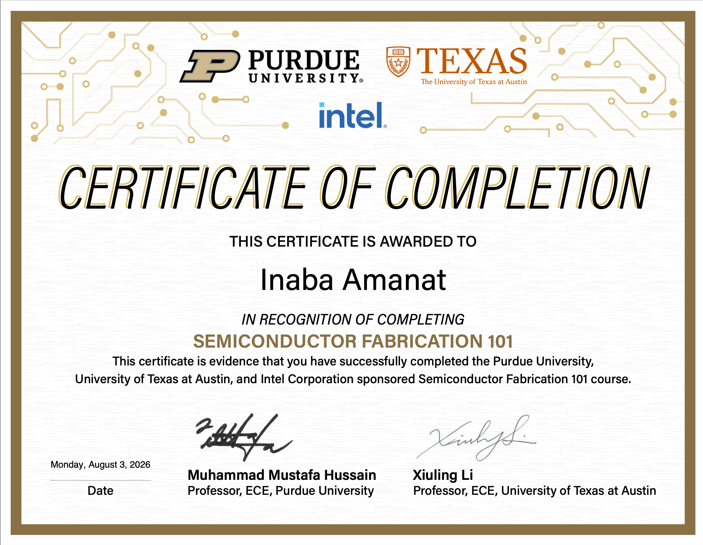 Semiconductor Fabrication 101 certificate of completion, awarded to Inaba Amanat